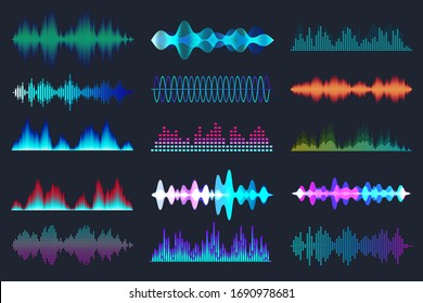 Colored sound waves collection. Analog and digital audio signal. Music equalizer. Interference voice recording. High frequency radio wave. Vector illustration