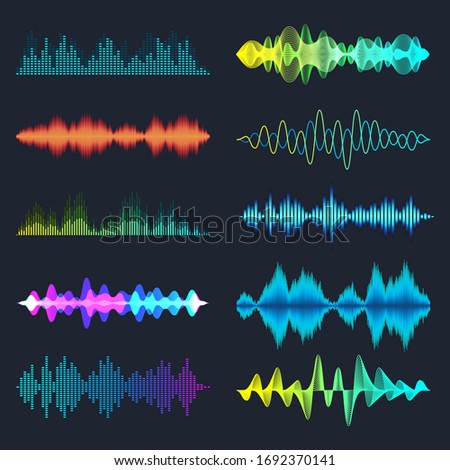 Colored sound waves collection. Analog and digital audio signal. Music equalizer. Interference voice recording. High frequency radio wave. Vector illustration