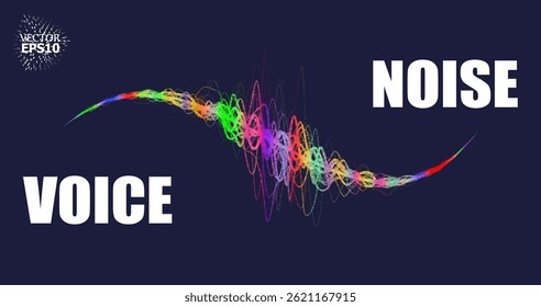 Ondas sonoras de colores de partículas sobre un fondo negro. El contraste enfatiza la diferencia en la estructura. Estilo Abstractas, diseño de sonido, visualización de datos.