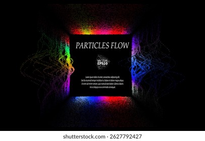Colored sound waves from particles on a black background. Contrast emphasizes the difference in structure. Abstract style, sound design, data visualization.