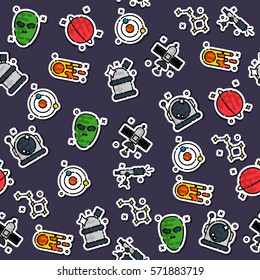 Colored space pattern. Illustration with rocket, aliens, shuttle, planet and stars. Astronomy white black background.