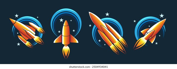 Colored space rocket emblem set. Starship and planet isolated on black background vector illustration