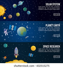 Colored space universe banner set with descriptions of solar system planet earth space research vector illustration