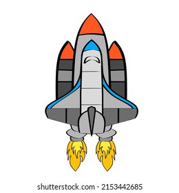 Colored spaceship launch and take off on the sky with transparent or white background. Graphics vector illustrations
