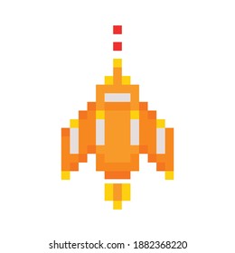 Colored spaceship from old pixel arcade game on white background flat vector illustration