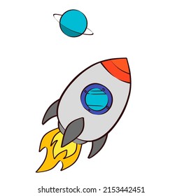 Colored Spaceship on the space near saturn with transparent or white background. Graphics vector illustrations
