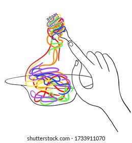Colored spaghetti in LGBT Spaghetti on a fork and in a plate. Line art. Vector illustration on white background. For cards, posters, decor, t shirt design, logo.