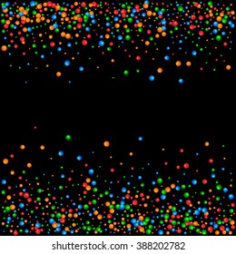 Colored sparkles confetti balls on black background. Use for creative invitation for party, holiday, wedding, birthday. Use for creative invitation for party, holiday, wedding, birthday. 