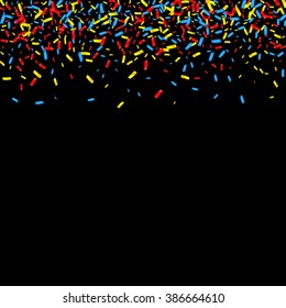 Colored sparkles confetti on black background. Use for creative invitation for party, holiday, wedding, birthday. Easy to use for your next commercial projects.
  