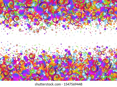 Colored sparkles confetti on white background. Creative invitation for party, holiday, wedding, birthday. Colorful spiral, dotted, star-shaped sides.