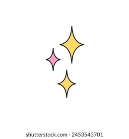 Icono de destellos de color. Símbolo de estrellas lindas. Brillos dorados, chispas doradas. Señal de brillo mágico, brillo. Abstractas brillo, emoticono de destello brillante. Ilustración vectorial aislada plana sobre fondo blanco