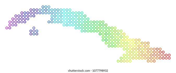 Colored Spectral Cuba Map. Vector geographic map in bright spectral color tinges with horizontal gradient. Bright vector mosaic of Cuba Map created of regular small circles.