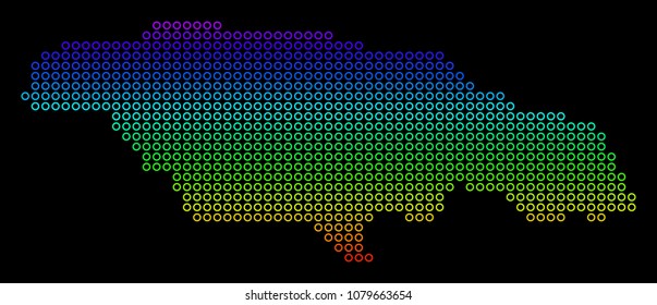 Colored Spectral Jamaica Map. Vector geographic map in bright spectrum colors with vertical gradient on a black background. Colorful vector collage of Jamaica Map designed of spheric bubbles.