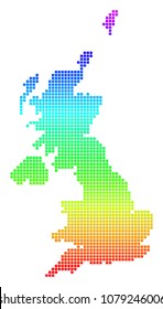 Colored Spectral Pixel United Kingdom Map. Vector geographic map in bright spectral colors with vertical gradient. Multicolored vector mosaic of United Kingdom Map composed of rounded square pixels.
