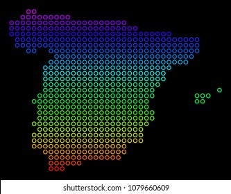 Colored Spectral Spain Map. Vector geographic map in bright rainbow colors with vertical gradient on a black background. Multicolored vector collage of Spain Map made of circle elements.