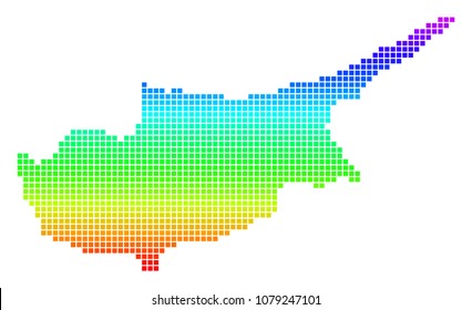 Colored Spectrum Dot Cyprus Island Map. Vector geographic map in bright spectrum colors with vertical gradient. Bright vector mosaic of Cyprus Island Map made of rounded square cells.