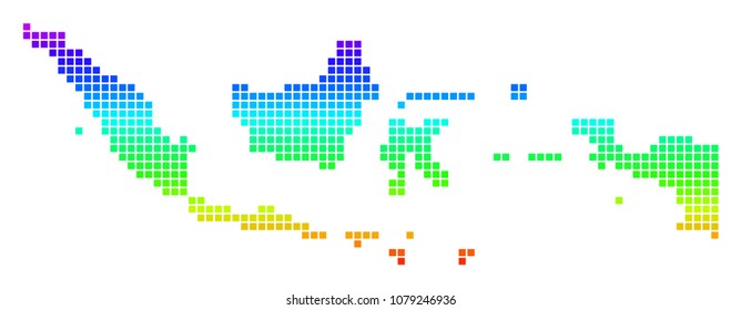 Colored Spectrum Dot Indonesia Map. Vector geographic map in bright spectral colors with vertical gradient. Multicolored vector concept of Indonesia Map combined of rounded square particles.