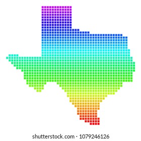 Colored Spectrum Pixel Texas Map. Vector geographic map in bright spectrum colors with vertical gradient. Bright vector concept of Texas Map combined of rounded square items.