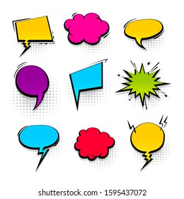 Colored speech bubble for comic text isolated background. Empty white outline bubble for speech text. Dialog empty cloud, cartoon box. Speech bubble tag colored label.