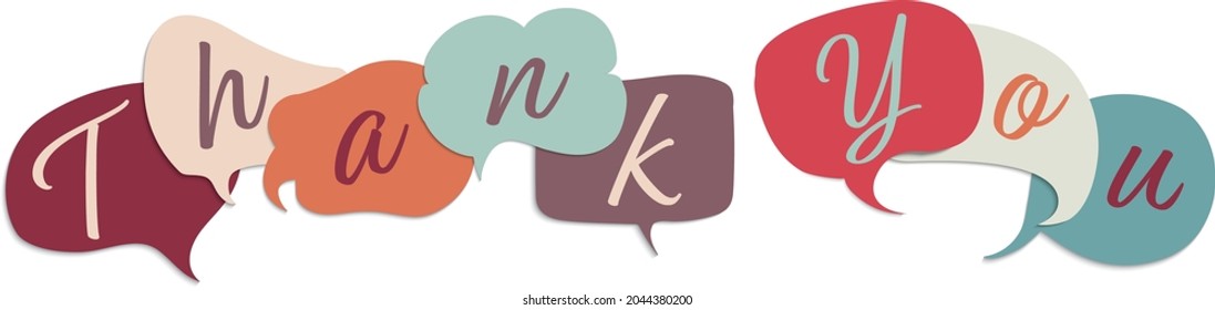 Colored speech bubble with inside letters forming the text -Thank You- Teamwork. Gratitude message between colleagues or friends. Appreciation. Concept of person who is grateful. Thankful
