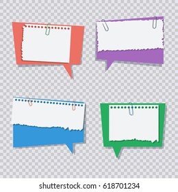 Colored speech bubble with white torn paper pieces. Chat, web icons. Vector set