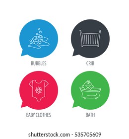 Colored speech bubbles. Baby clothes, bath and crib icons. Bath bubbles linear sign. Flat web buttons with linear icons. Vector