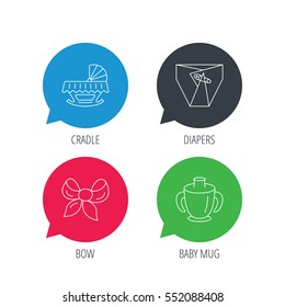 Colored speech bubbles. Baby mug, diapers and cradle bed icons. Bow linear sign. Flat web buttons with linear icons. Vector