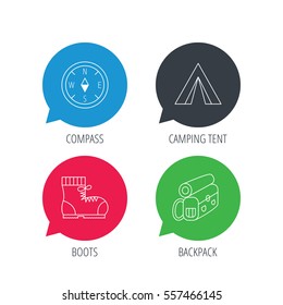 Colored speech bubbles. Backpack, camping tent and compass icons. Boots linear sign. Flat web buttons with linear icons. Vector