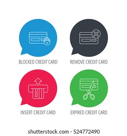 Colored speech bubbles. Bank credit card icons. Banking, blocked and expired debit card linear signs. Flat web buttons with linear icons. Vector