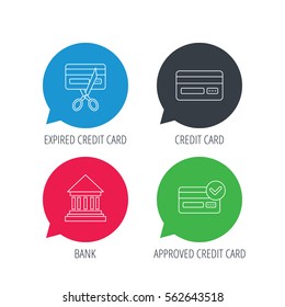 Colored speech bubbles. Bank credit card, approved card icons. Expired credit card linear sign. Flat web buttons with linear icons. Vector
