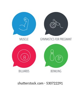 Colored speech bubbles. Billiards, bowling and fitness sport icons. Muscle, gymnastics for pregnant linear signs. Flat web buttons with linear icons. Vector