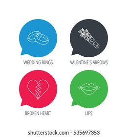 Colored speech bubbles. Broken heart, kiss and wedding rings icons. Valentine amour arrows linear sign. Flat web buttons with linear icons. Vector