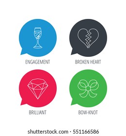 Colored speech bubbles. Broken heart, brilliant and engagement ring icons. Bow-knot linear sign. Flat web buttons with linear icons. Vector