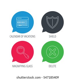 Colored speech bubbles. Calendar, magnifying glass and delete icons. Shield linear sign. Flat web buttons with linear icons. Vector