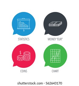 Colored speech bubbles. Chart, cash money and statistics icons. Coins linear sign. Flat web buttons with linear icons. Vector
