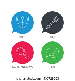Colored speech bubbles. Chat speech bubbles, magnifier and pencil icons. Shield protection linear sign. Flat web buttons with linear icons. Vector