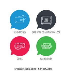 Colored speech bubbles. Coins, cash money and wallet icons. Safe box, send money linear signs. Flat web buttons with linear icons. Vector