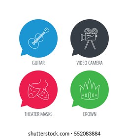 Colored speech bubbles. Crown, guitar music and theater masks icons. Video camera linear sign. Flat web buttons with linear icons. Vector