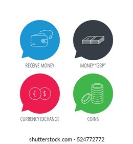 Colored speech bubbles. Currency exchange, cash money and coins icons. Receive money linear sign. Flat web buttons with linear icons. Vector