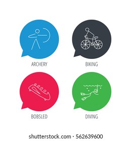 Colored speech bubbles. Diving, biking and archery icons. Bobsled linear sign. Flat web buttons with linear icons. Vector