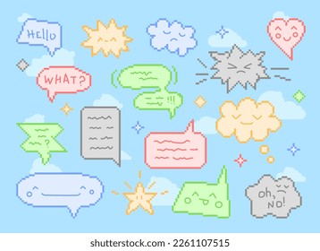 Colored speech bubbles with emotions. Set vector illustration in pixel style.