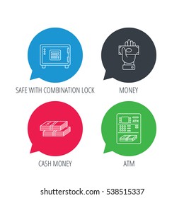 Colored speech bubbles. Give money, cash money and ATM icons. Safe box linear sign. Flat web buttons with linear icons. Vector