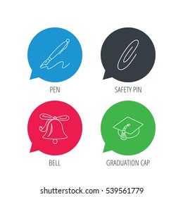 Colored speech bubbles. Graduation cap, pen and bell icons. Safety pin linear signs. Flat web buttons with linear icons. Vector