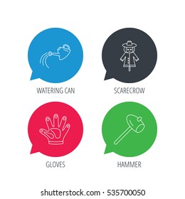 Colored speech bubbles. Hammer, scarecrow and watering can icons. Gloves linear sign. Flat web buttons with linear icons. Vector