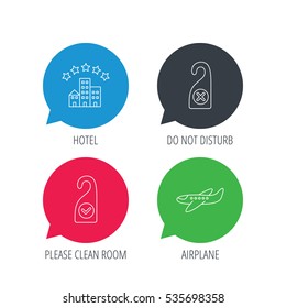 Colored speech bubbles. Hotel, airplane and do not disturb icons. Clean room linear sign. Flat web buttons with linear icons. Vector