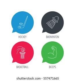Colored speech bubbles. Ice hockey, basketball and badminton icons. Biceps linear sign. Flat web buttons with linear icons. Vector