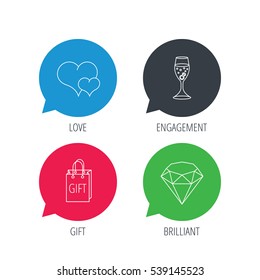 Colored speech bubbles. Love heart, gift box and wedding ring icons. Brilliant and engagement linear signs. Flat web buttons with linear icons. Vector