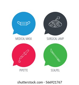 Colored speech bubbles. Medical mask, scalpel and pipette icons. Surgical lamp linear sign. Flat web buttons with linear icons. Vector