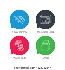 Colored speech bubbles. Microwave oven, waffle-iron and toaster icons. Steam ironing linear sign. Flat web buttons with linear icons. Vector