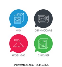 Colored speech bubbles. Microwave oven, dishwasher and kitchen hood icons. Oven linear sign. Flat web buttons with linear icons. Vector
